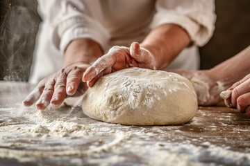 baker at work. The baker shapes the bread. Hands on the close-up form bread. Beautiful simple AI generated image in 4K, unique.