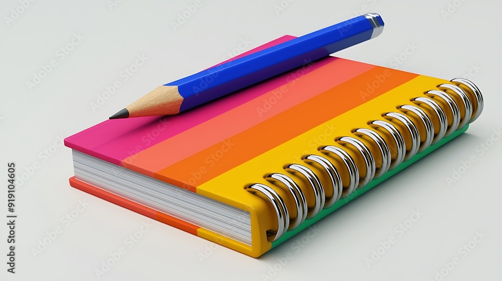 Poster a 3d model of a colorful spiral notebook with pages slightly curled, set on a white background. a pe