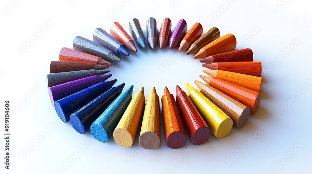 Poster a set of 3d colored pencils arranged in a circular pattern on a white background, with each pencil s