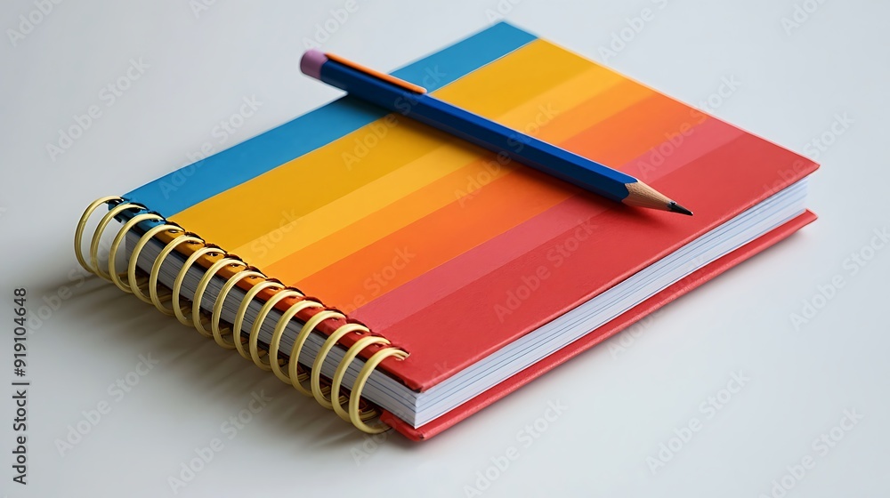 Poster a 3d model of a colorful spiral notebook with pages slightly curled, set on a white background. a pe
