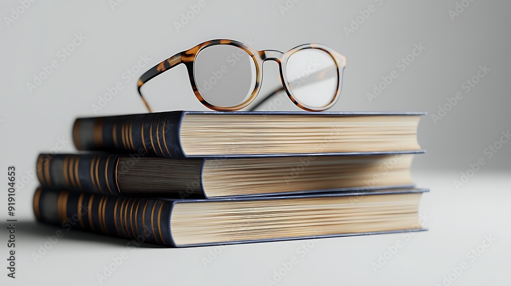Poster a 3d render of a stack of textbooks with a pair of glasses resting on top, set on a white background