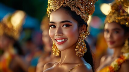 Balinese Legong dancers, ornate golden headdresses