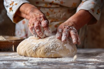 Fototapeta premium Close up hands cut shape in rolling-pin dough into pieces on wooden board covered with flour. Beautiful simple AI generated image in 4K, unique.