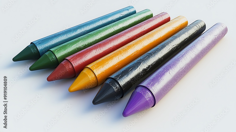 Poster a set of 3d crayons in various colors, some lying flat and others standing upright, on a white backg