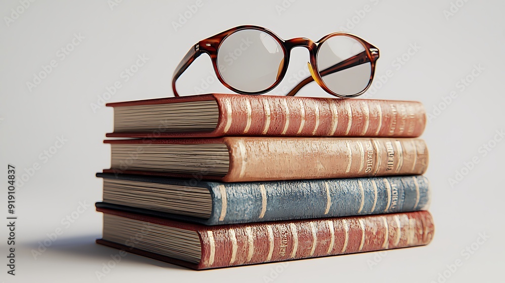 Poster a 3d render of a stack of textbooks with a pair of glasses resting on top, set on a white background