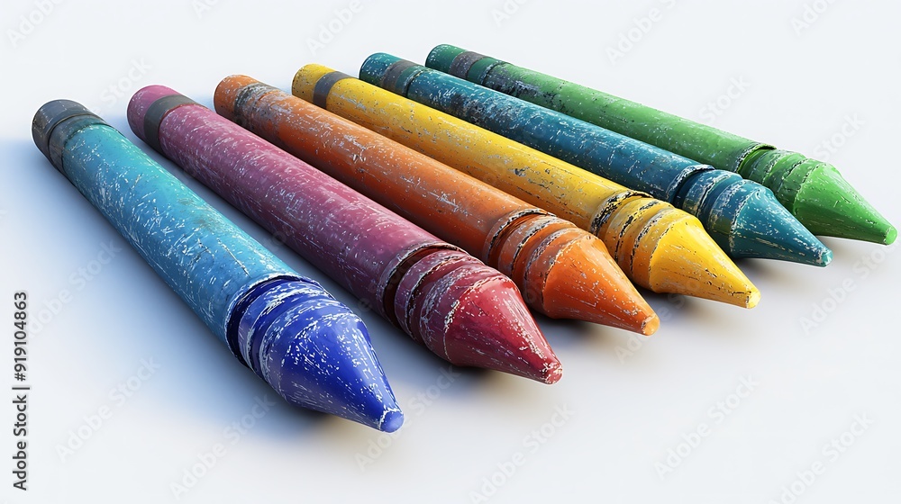 Poster a set of 3d crayons in various colors, some lying flat and others standing upright, on a white backg