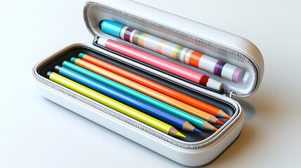 Fototapeta premium A 3D pencil case open on a white background, revealing neatly arranged pens, pencils, and a ruler inside. The case and items have a lifelike appearance with fine details.