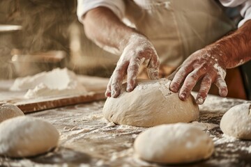 Fototapeta premium baker at work. The baker shapes the bread. Hands on the close-up form bread. Beautiful simple AI generated image in 4K, unique.