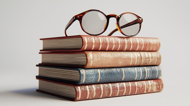 A 3D render of a stack of textbooks with a pair of glasses resting on top, set on a white background. The books have realistic covers and slight wear, adding authenticity.