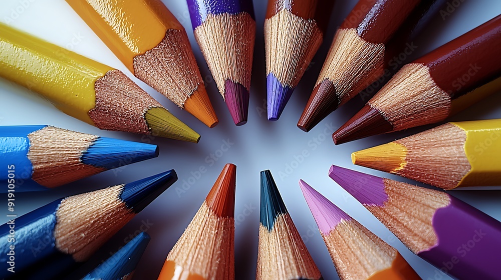 Poster a set of 3d colored pencils arranged in a circular pattern on a white background, with each pencil s