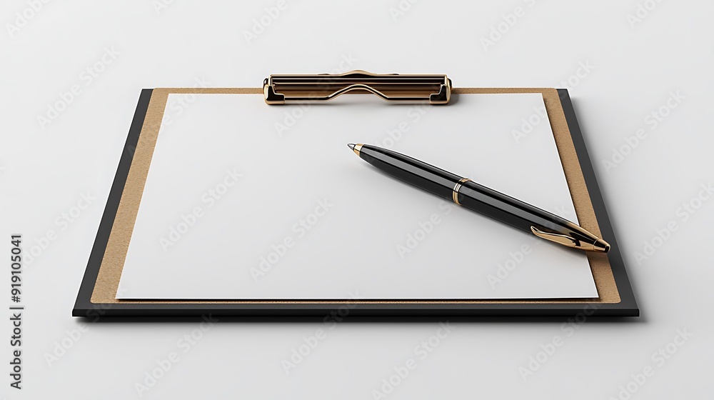Poster a 3d render of a clipboard with a sheet of paper attached, placed on a white background. a pen rests