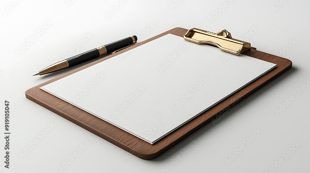 Poster a 3d render of a clipboard with a sheet of paper attached, placed on a white background. a pen rests