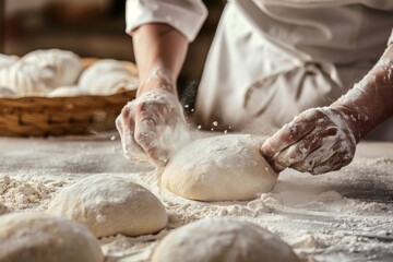 Fototapeta premium baker at work. The baker shapes the bread. Hands on the close-up form bread. Beautiful simple AI generated image in 4K, unique.