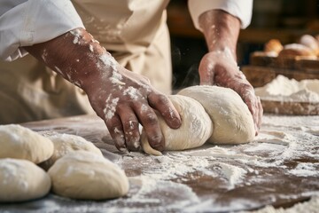 Fototapeta premium baker at work. The baker shapes the bread. Hands on the close-up form bread. Beautiful simple AI generated image in 4K, unique.