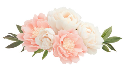 A bouquet of peonies and roses, luxurious flower element, hyper-realistic, blush pink and ivory, isolated on transparent background