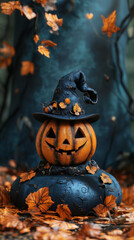 A pumpkin with a witch's hat on top of it is sitting on a pile of leaves. The pumpkin has a smiley face and the leaves are orange. The image has a spooky and playful mood