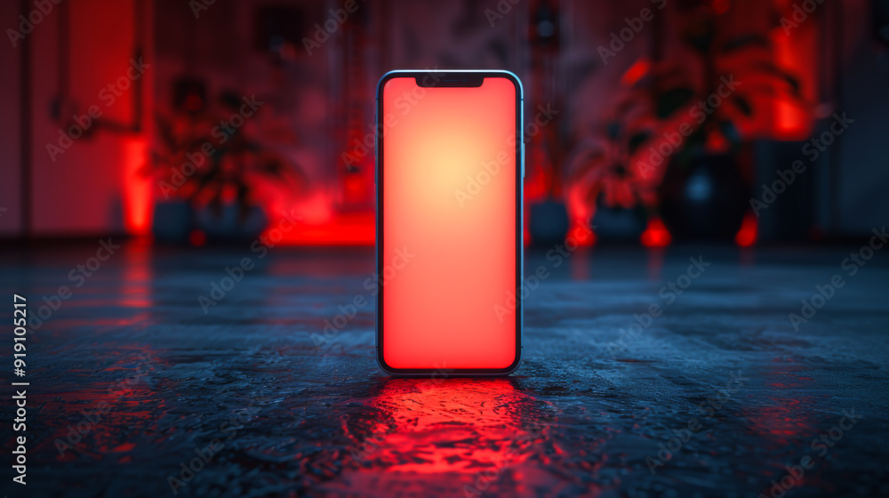 Poster close-up of a modern phone with a bright red screen on a dark background with bright backlighting.
