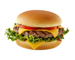Delicious cheeseburger featuring fresh lettuce, ripe tomatoes, and melted cheese, perfect for fast food cravings and culinary delights.