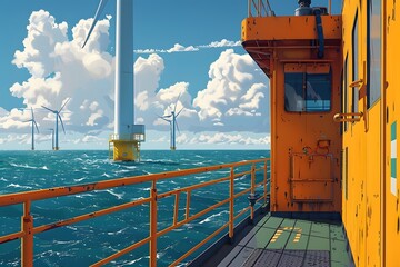 Vibrant Offshore Wind Farm Scene with Turbines and a Service Vessel