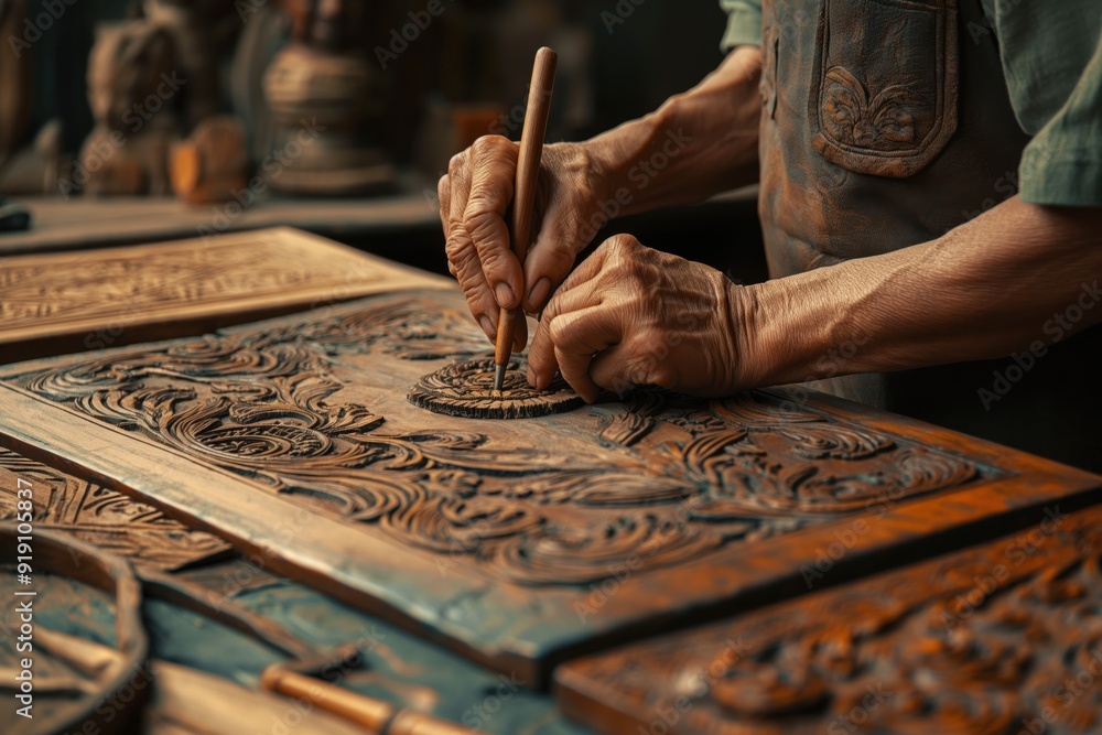 Poster craftsman is using a chisel to engrave an ornate design on a piece of wood in his workshop