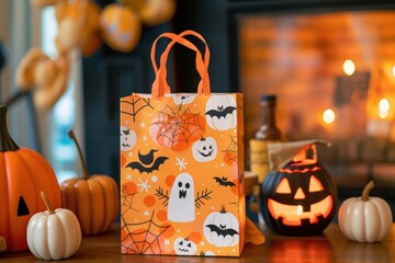 Orange halloween gift bag with ghosts and pumpkins on it sitting on a table with pumpkins and a blurred fireplace in the background