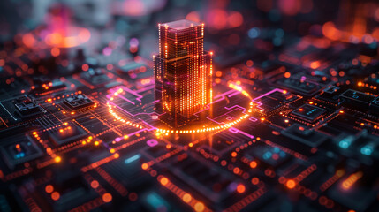 A technological microchip in the center with a digital city with a bright orange backlight. Technology growth concept.