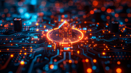 A technological microchip in the center with a digital city with a bright orange backlight. Technology growth concept.