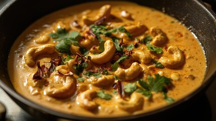Indian kaju masala served in a traditional pan, showcasing creamy cashew curry with aromatic spices and garnishes.