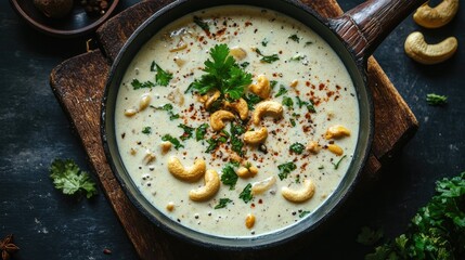 Indian kaju masala served in a traditional pan, showcasing creamy cashew curry with aromatic spices and garnishes.