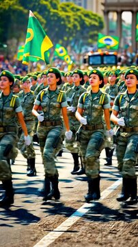 Brazil Independence Day Women Troops at Brazilian Military Parade Marching  On  City Street, Female Soldiers In Army Uniforms Walking Down The Street