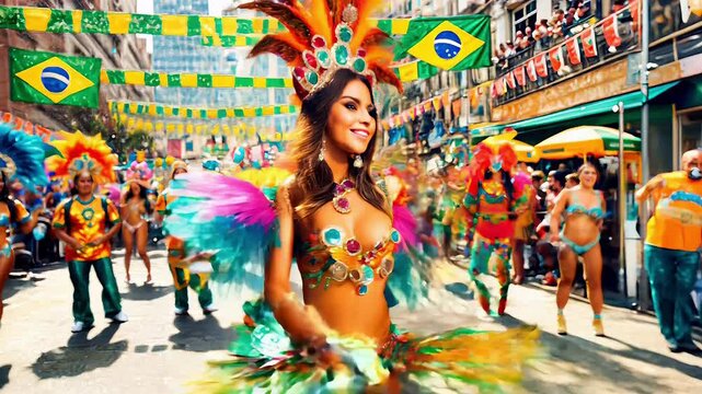 Samba Dancer Woman in Samba Costume Dancing on Brazilian Street for Brazil Independence Day Parade, Beautiful Samba Dancer Female in Dress Festive National Holiday Celebration