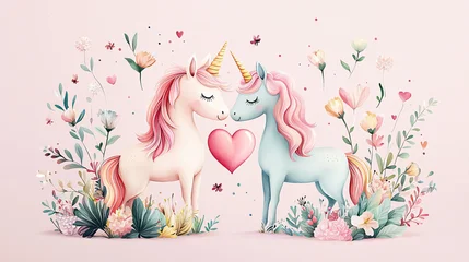 Wandcirkels Eenhoorn Two unicorns are standing next to each other, one of which has a pink heart on its chest. The scene is set in a lush, flowery garden, with various types of flowers and plants surrounding the unicorns  © eaglesky
