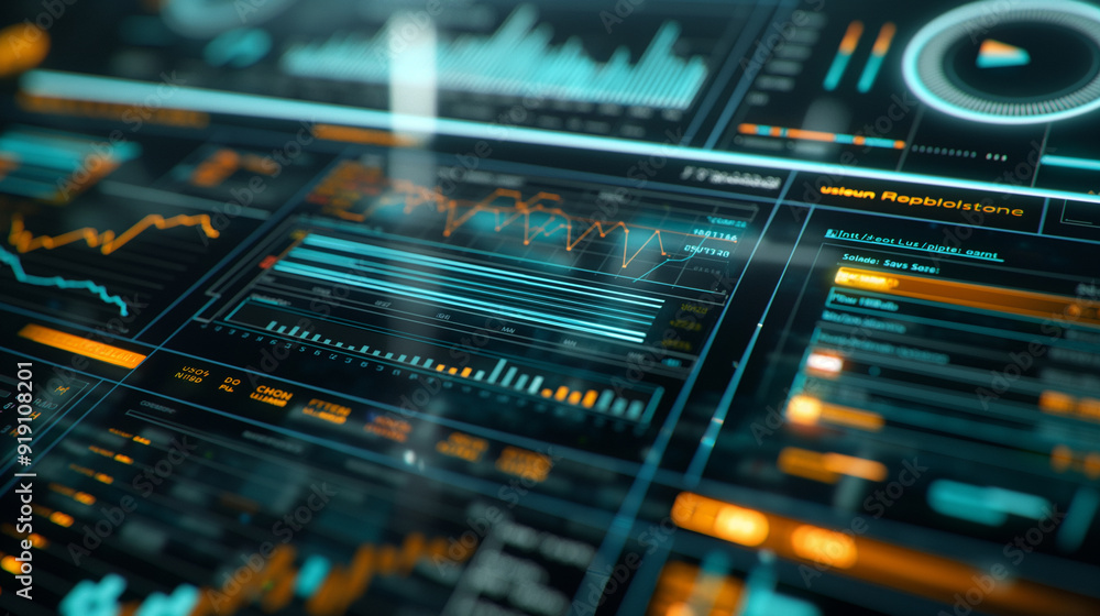 Poster business data analysis dashboard showcasing revenue performance metrics, with elements like line cha