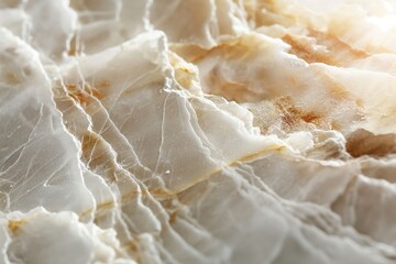 Natural stone formation with layers of white and beige illuminated by warm sunlight