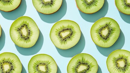 Fototapeta premium Kiwi slices placed in a regular pattern on a pastel blue background, with shadows enhancing the texture and contrast.