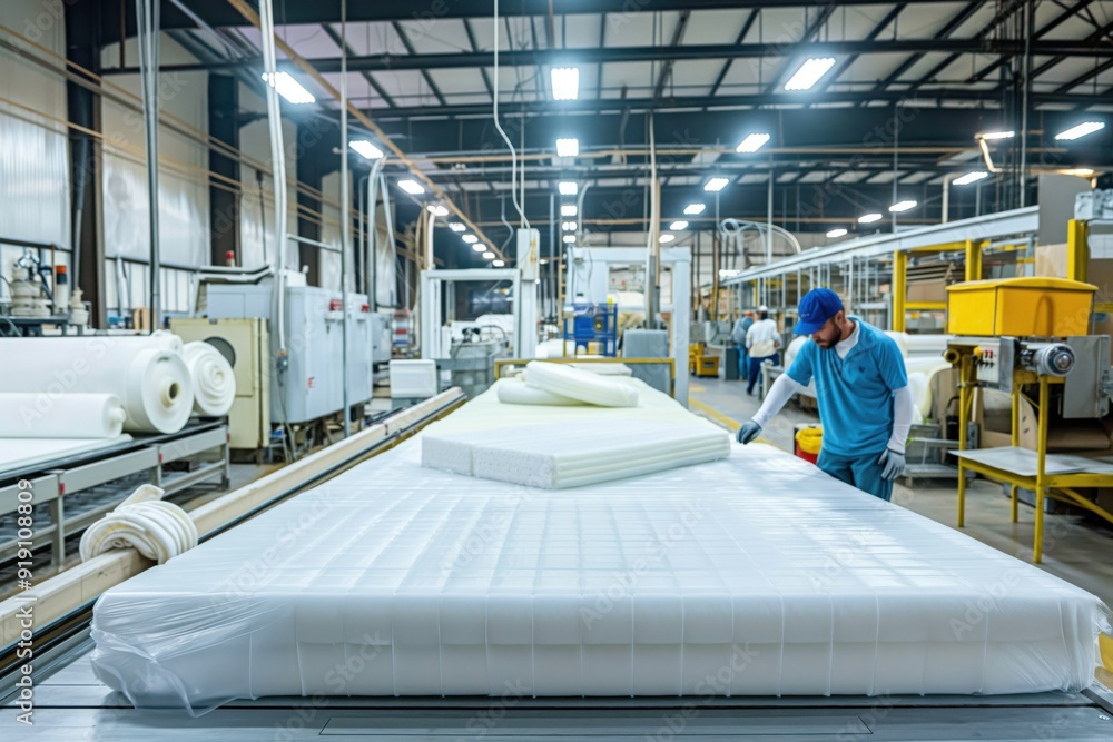 Poster factory worker examines a mattress on a production line in a mattress factory
