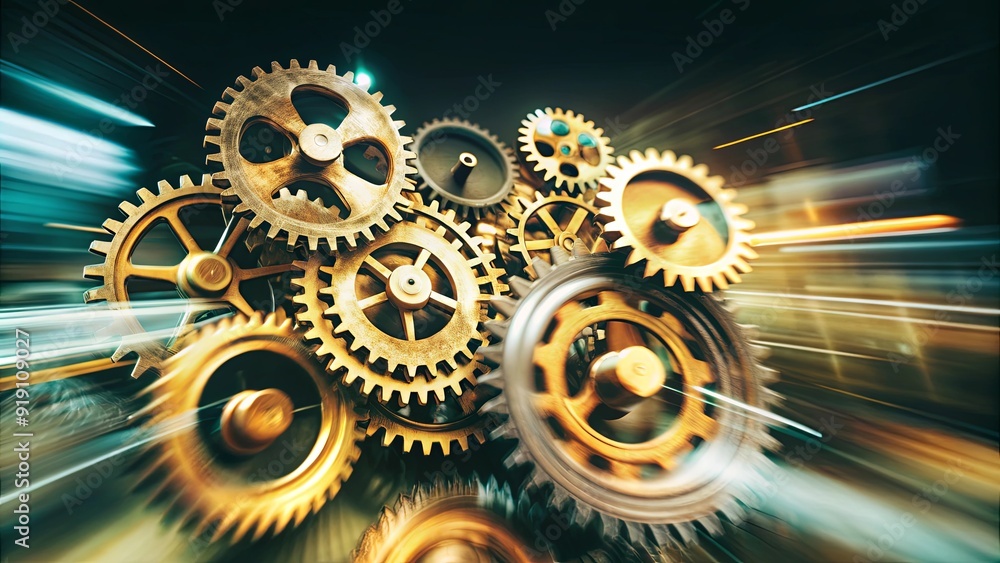 Poster a close up of a bunch of gears with a blurry background