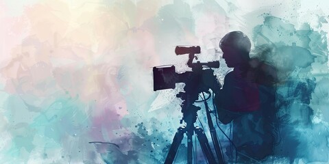 Fototapeta premium Silhouette of a cameraman on a blue background.