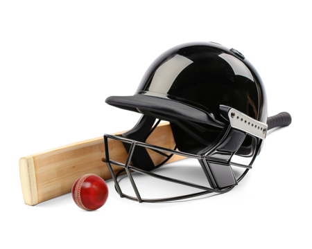 black cricket helmet, cricket bat and cricket ball on isolated background