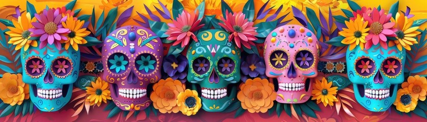 Fototapeta premium Colorful Dia de los Muertos paper craft skulls adorned with floral patterns and surrounded by vibrant paper flowers Day of the Dead. AI