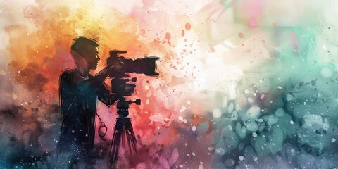 Silhouette of a man filming on a tripod.