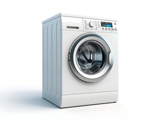 Modern washing machine with front loading design in a bright, minimalistic setting