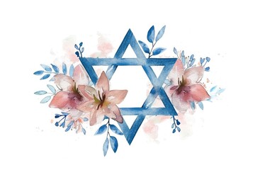 Watercolor Star of David surrounded by a vibrant arrangement of flowers and foliage, representing Jewish symbolism and nature's beauty. ai