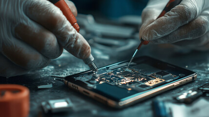 A technician's hands are repairing a smartphone