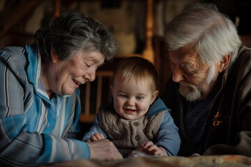 Grandmother and grandfather play with grandson at home