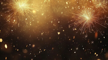 Fototapeta premium Festive New Year Background with Golden Fireworks and Sparkling Confetti Against a Dark Night Sky