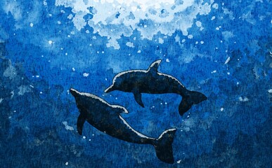 海を泳ぐイルカ　シルエット　水彩　背景素材