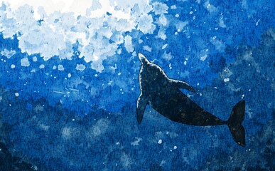 海を泳ぐイルカ　シルエット　水彩　背景素材