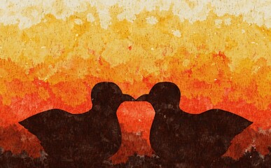 つがいの鳥と夕暮れ　シルエット　水彩　背景素材