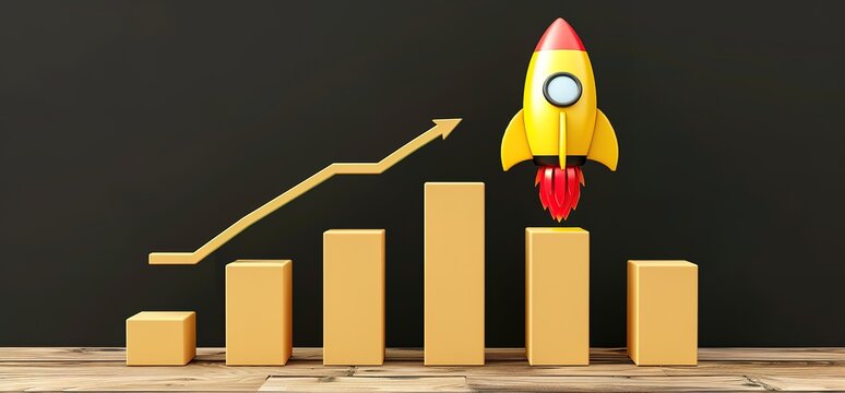Yellow rocket launching upwards on top of a bar chart, with a yellow upward arrow representing growth. Concept of business success, innovation, and progress.